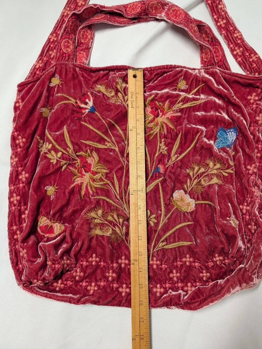 Johnny Was Aria Velvet Silk Embroidered Butterfly & Bee Floral Tote Shoulder Bag